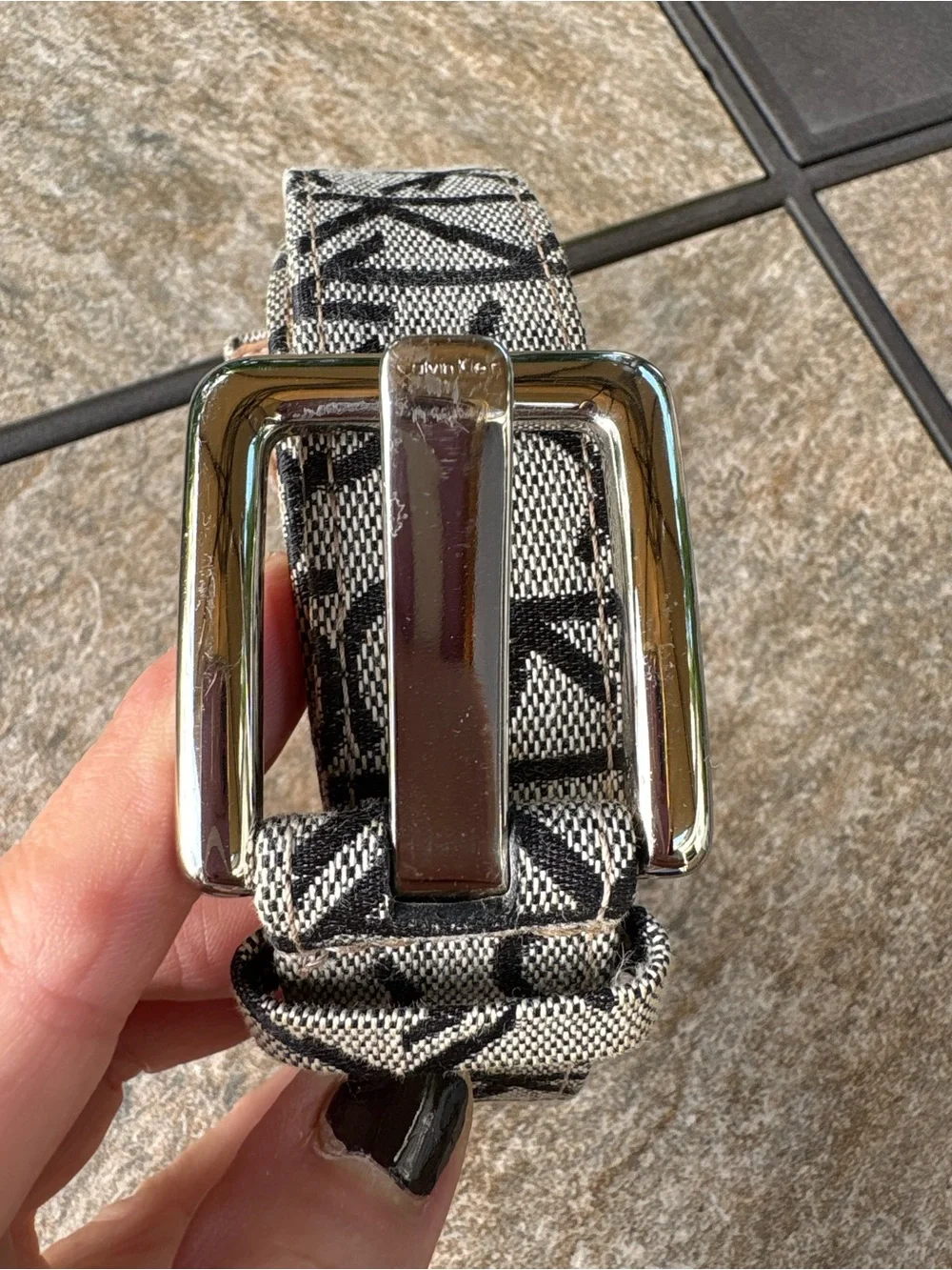 Calvin Klein Black & White Logo-Patterned Men's Belt with Silver Buckle